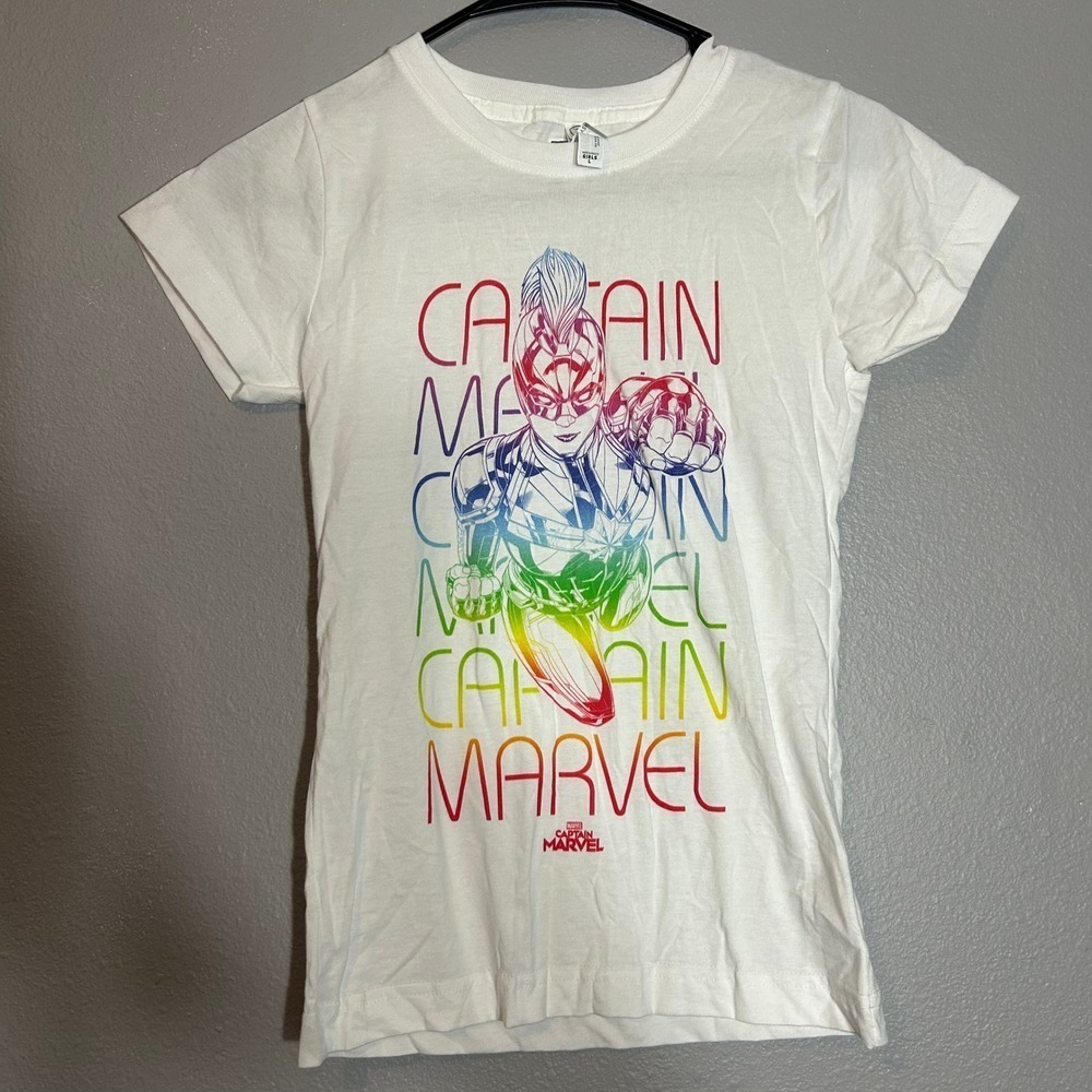 Marvel Captain Marvel Graphic Tee Rainbow Girls T-Shirt White Size L
